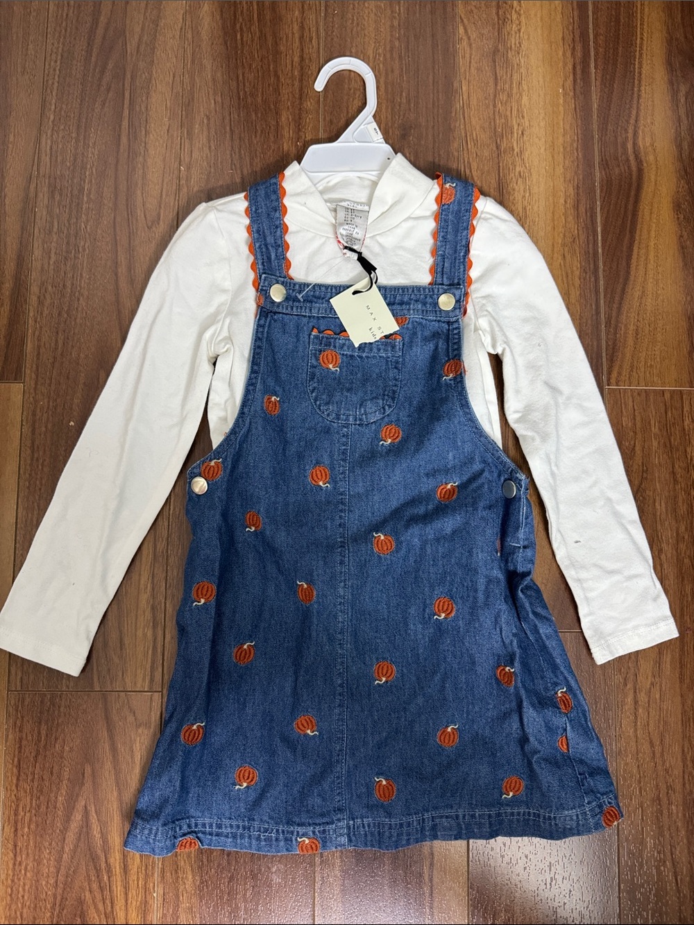 Max Studio Blue Denim Pinafore Dress with Orange Pumpkin Embroidery
